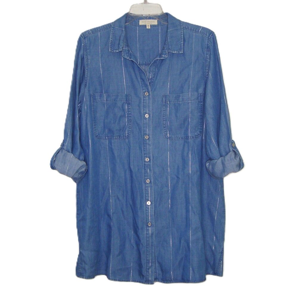 Side Stitch Chambray Button Front Tunic Roll-Tab … - image 1